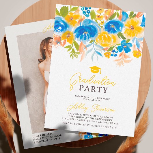 Invitation Aquarelle florale jaune bleu graduation photo