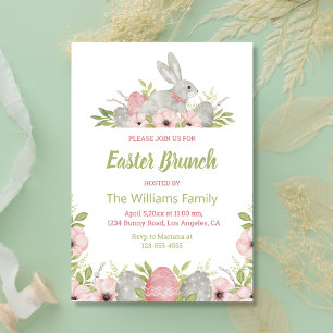 Invitation aquarelle florale lapin vert rose pâle brunch