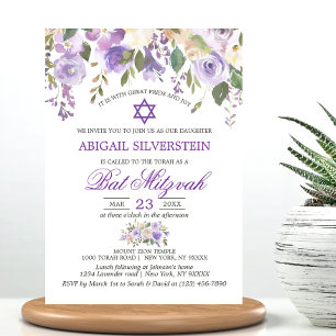 Invitation Aquarelle Florale Lavande violet étoile Bat mitzva