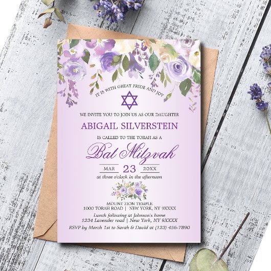Invitation Aquarelle Florale Lavande violet étoile Bat mitzva