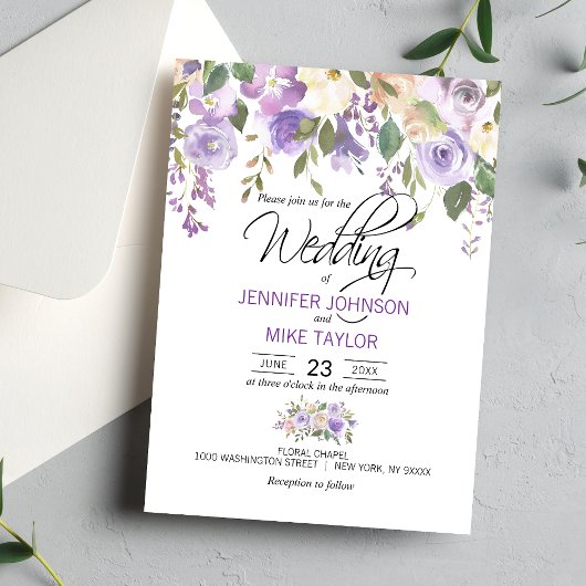 Invitation Aquarelle Florale Lavande violet Mariage Lilac