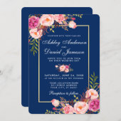 Invitation Aquarelle florale Mariage bleu rose B (Devant / Derrière)