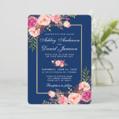 Invitation Aquarelle florale Mariage bleu rose B (Debout devant)