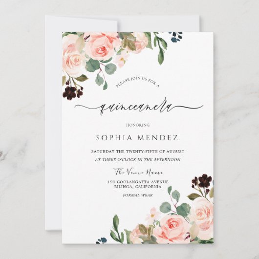 Invitation Aquarelle florale Mariage moderne Quinceanera (Devant)