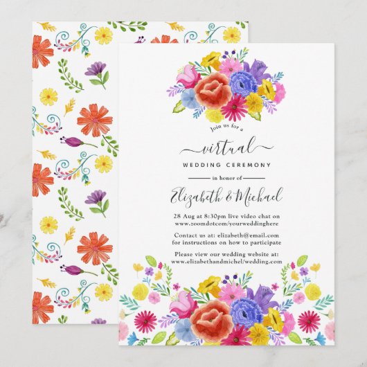 Invitation Aquarelle Florale mexicaine Fiesta Mariage virtuel (Devant / Derrière)