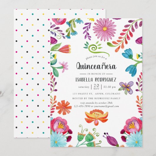 Invitation Aquarelle Florale mexicaine Fiesta Quinceañara (Devant / Derrière)