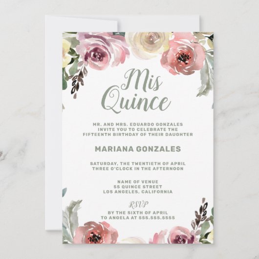 Invitation Aquarelle florale Mis Quince Quinceanera (Devant)