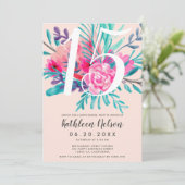 Invitation Aquarelle florale moderne Quinceanera rose au néon (Debout devant)