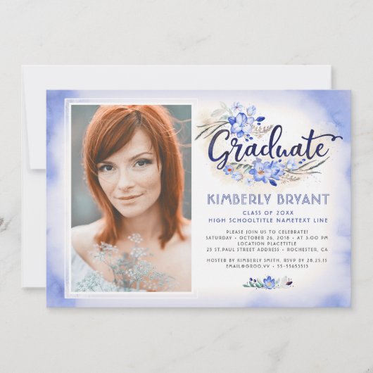 Invitation Aquarelle florale moderne Script Graduation Photo (Devant)