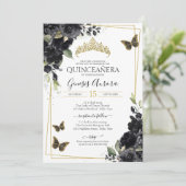 Invitation Aquarelle florale noire Beurre d'or Quinceanera (Debout devant)