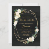 Invitation Aquarelle florale noire blanche Quinceanera (Devant)