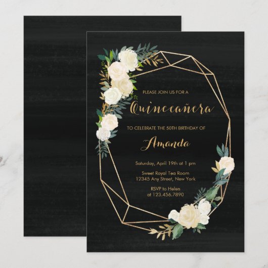 Invitation Aquarelle florale noire blanche Quinceanera (Devant / Derrière)