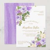 Invitation Aquarelle Florale Or Calligraphie Quinceanera (Devant / Derrière)