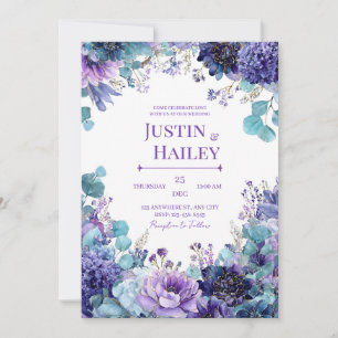Invitation Aquarelle Florale Or Indigo Violet Élégant
