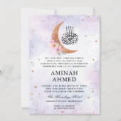 Invitation Aquarelle Florale or lune violet Aqeeqa islamique (Devant)