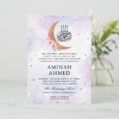 Invitation Aquarelle Florale or lune violet Aqeeqa islamique (Debout devant)