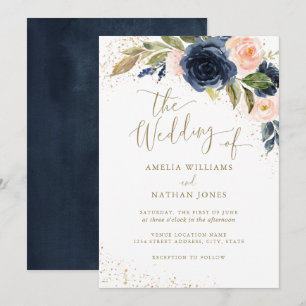 Invitation Aquarelle Florale Or Navy Le Mariage de Mariage