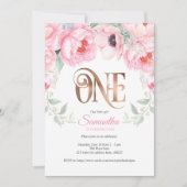 Invitation Aquarelle florale, or Rose, fille, premier anniver (Devant)