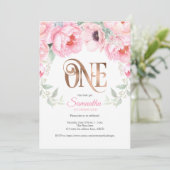 Invitation Aquarelle florale, or Rose, fille, premier anniver (Debout devant)
