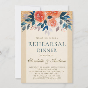 Invitation Aquarelle Florale Orange Dîner de répétition éléga