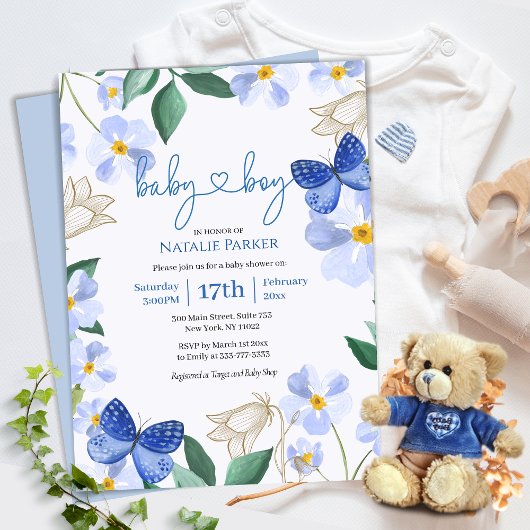 Invitation Aquarelle florale papillon bleu | Baby shower garç