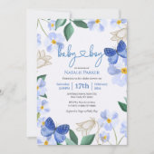 Invitation Aquarelle florale papillon bleu | Baby shower garç (Devant)