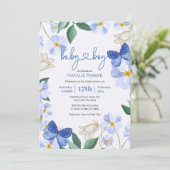 Invitation Aquarelle florale papillon bleu | Baby shower garç (Debout devant)