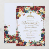 Invitation Aquarelle florale papillon bleu Quinceañera (Devant / Derrière)