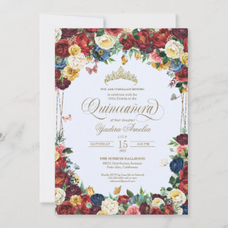 Invitation Aquarelle florale papillon bleu Quinceañera