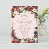 Invitation Aquarelle florale papillon Quinceanera rouge rose (Debout devant)