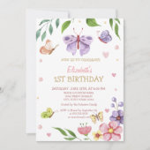 Invitation Aquarelle florale papillon rayé Anniversaire (Devant)
