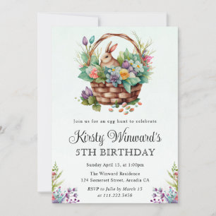 Invitation Aquarelle Florale Pâques Lapin Panier Anniversaire