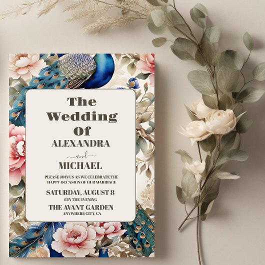 Invitation Aquarelle Florale Peacock Chinoiserie Mariage