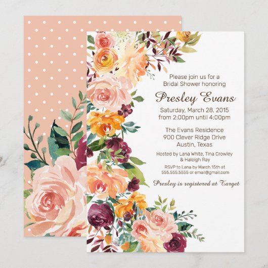 Invitation Aquarelle Florale Pêche Orange Fête des mariées Ro (Devant / Derrière)