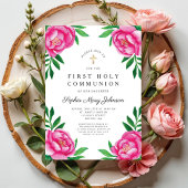 Invitation Aquarelle florale Peonies roses Première communion