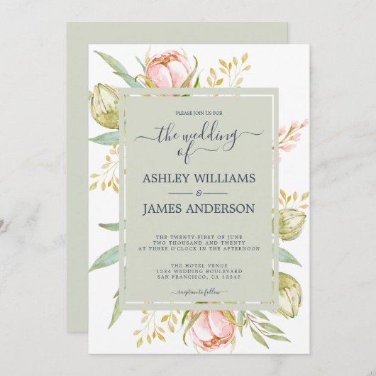 Invitation Aquarelle florale Peony rose Rustique Boho Mariage (Devant / Derrière)