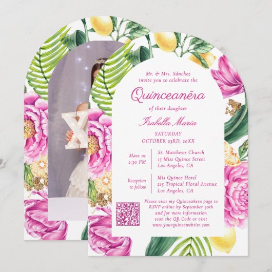Invitation Aquarelle Florale Photo QR Code Quinceañera (Devant / Derrière)