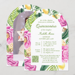 Invitation Aquarelle Florale Photo QR Code Quinceañera
