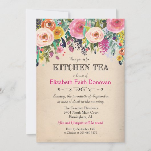 Invitation aquarelle florale pour la Kitchen Tea (Devant)