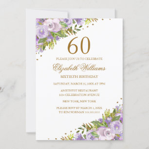 Invitation Aquarelle florale pourpre Or 60e anniversaire