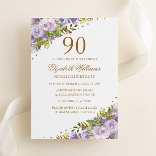 Invitation Aquarelle florale pourpre or 90e anniversaire