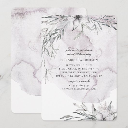 Invitation Aquarelle florale poussiéreuse Sweet 16. Fleurs pâ (Devant / Derrière)