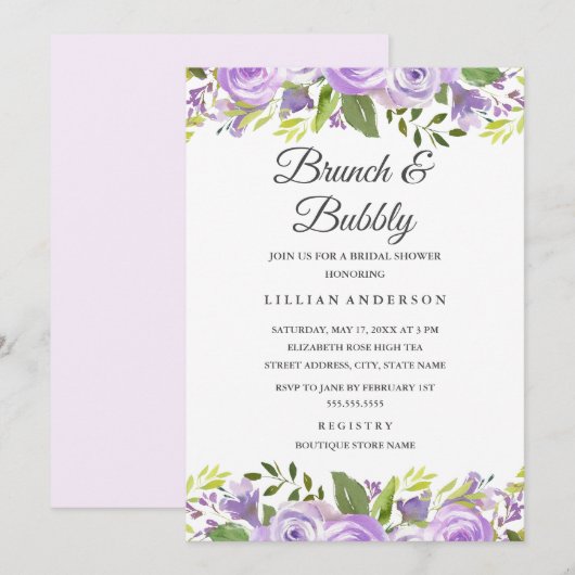 Invitation Aquarelle Florale Purple Bridal Brunch Et Bubbly (Devant / Derrière)