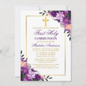Invitation Aquarelle Florale Purple Gold Première communion (Devant)