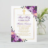 Invitation Aquarelle Florale Purple Gold Première communion (Debout devant)