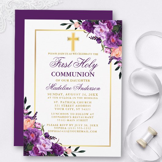 Invitation Aquarelle Florale Purple Gold Première communion