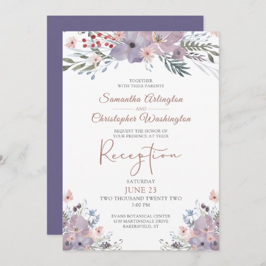 Invitation Aquarelle Florale Purple Mariage Réception (Devant / Derrière)