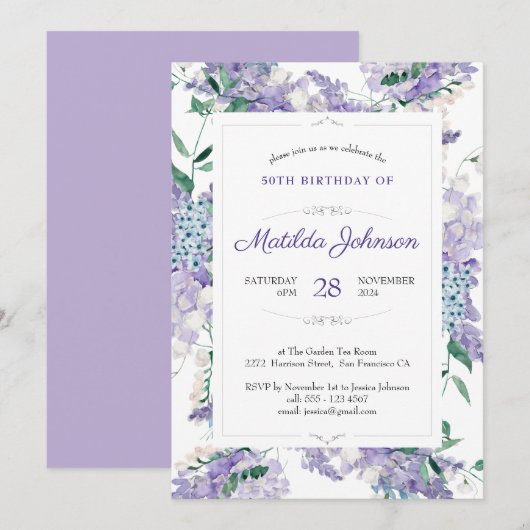 Invitation Aquarelle Florale Purple Wisteria 50e anniversaire (Devant / Derrière)