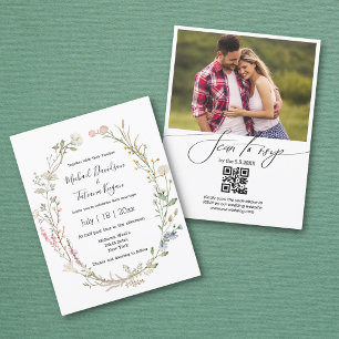 Invitation aquarelle florale qr code rsvp photo mariage