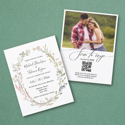 Invitation aquarelle florale qr code rsvp photo mariage